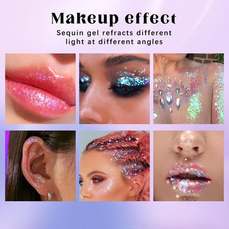 HOSAILY 2 Colors Roll-on Body Glitter Gel, Holographic Glitter Gel Under Light for Face Hair, Body Shimmer for Rave Accessories Christmas New Year Halloween Makeup (Golden Ocean+Neon Violet)