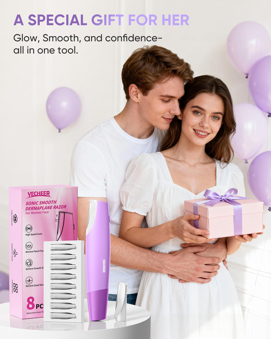 Yecheer Dermaplane Razor for Women Face, Sonic Dermaplaning Tool for Smooth & Flawless Skin, Dead Skin & Peach Fuzz Gentle Remover, Electric Facial Hair Removal with LED Light&8 Refill Blades, Purple
