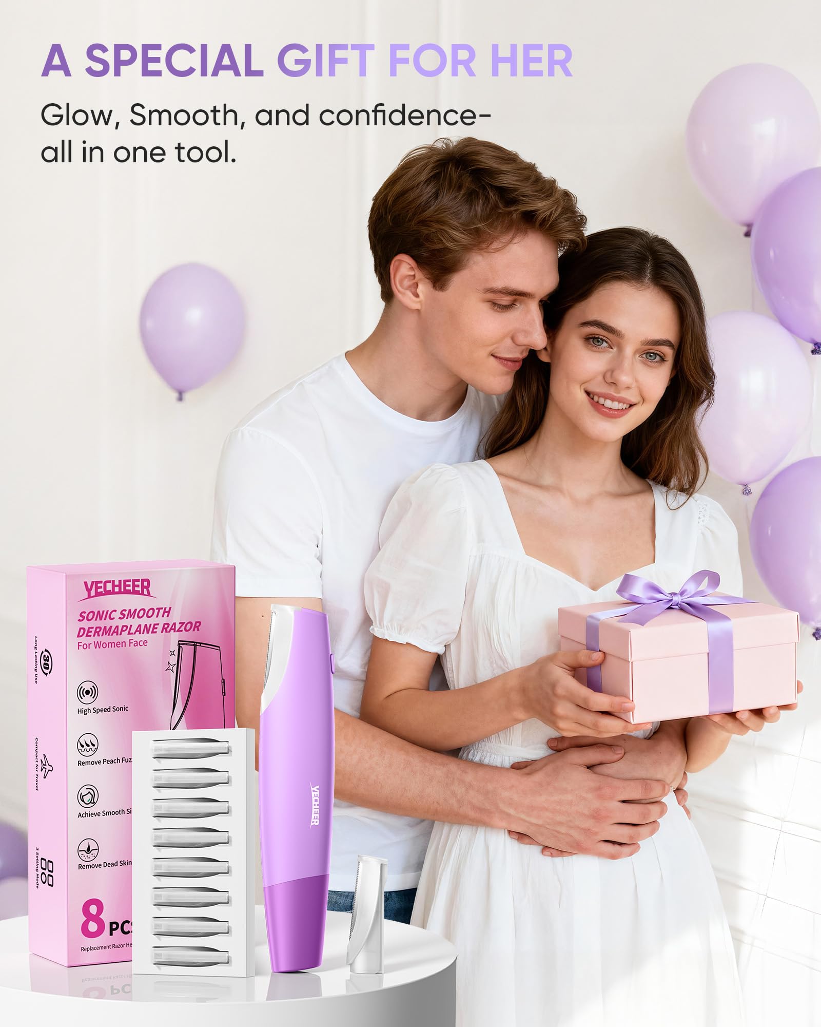 Yecheer Dermaplane Razor for Women Face, Sonic Dermaplaning Tool for Smooth & Flawless Skin, Dead Skin & Peach Fuzz Gentle Remover, Electric Facial Hair Removal with LED Light&8 Refill Blades, Purple