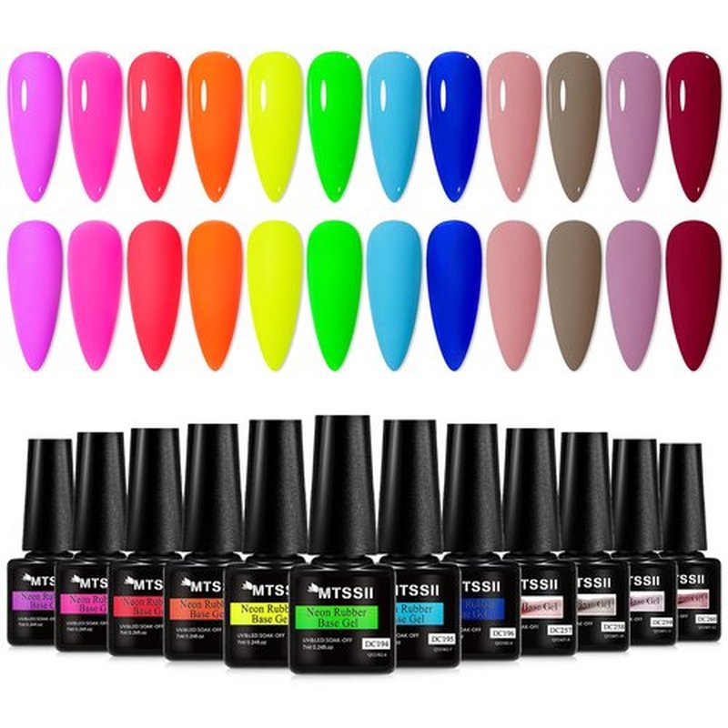 MTSSII Rubber Base Gel for Nails of 12 Colors Neon Orange Green Blue Yellow Rose Red Builder Base Gel Nude Purple Gel Nail Kit Popular Nail Art DIY Manicure Gifts DIY Salon