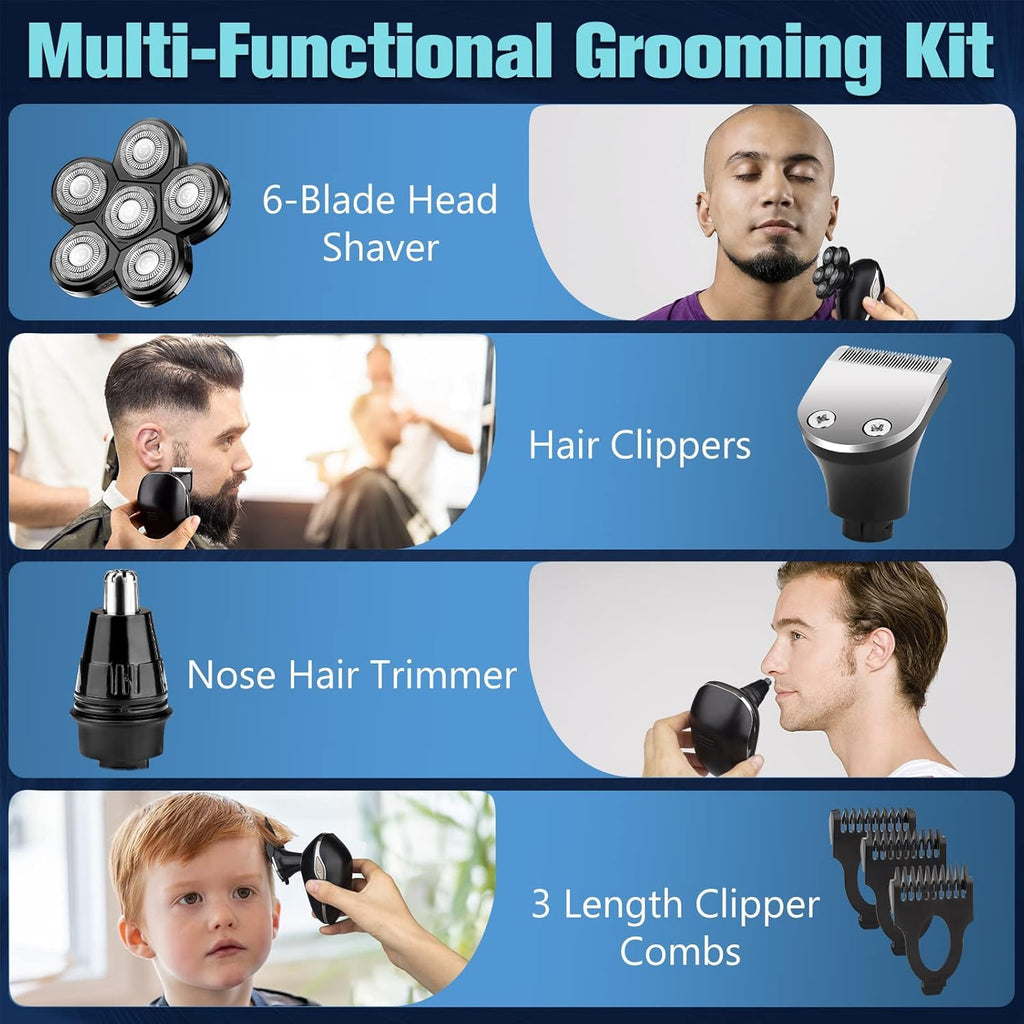 Head Shaver for Bald Men, 6-in-1 Electric Shaver for Bald Head 6D Wet/Dry Waterproof Mens Electric Razor Head Shavers Mens Grooming Kit Cordless Rechargeable Face Head Shaving Rotary Shaver