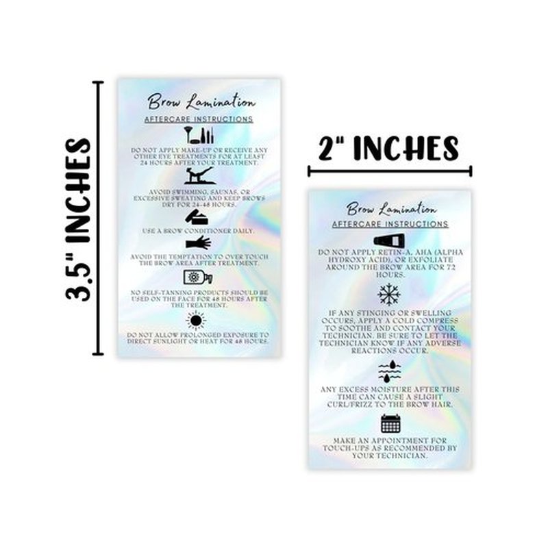 Brow Lamination Aftercare Cards | 50 Pack | 2x3.5” inches Business Card Size | Starter Lift Kit At Home DIY Brow Lift and Tint | Snatched Brows Non Reflect Matte Rainbow Holographic Look Design
