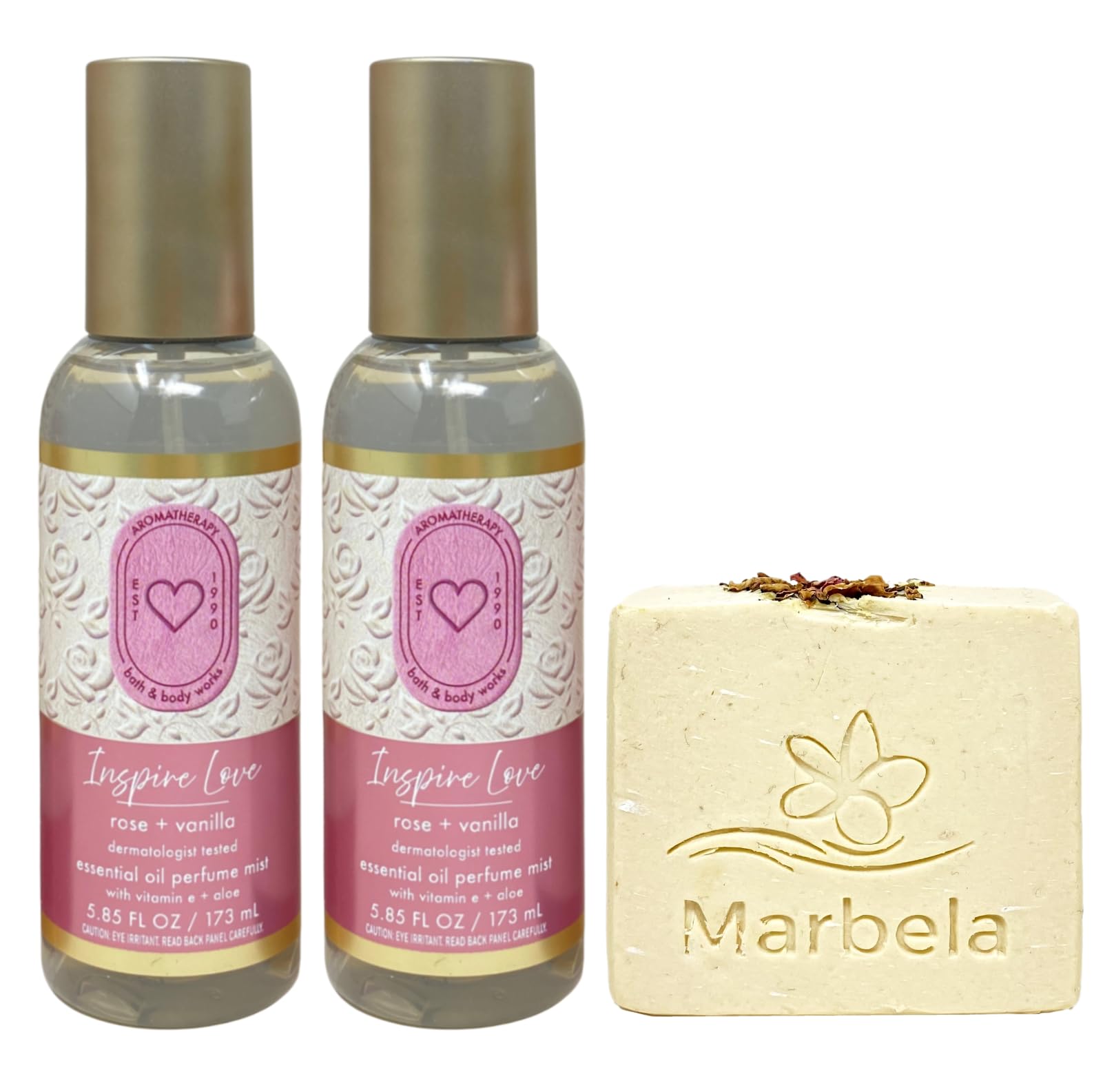 Bath & Body Works Aromatherapy Inspire Love Rose + Vanilla 2 Essential Oil Perfume Mists with a Creamy Rose Bar Soap