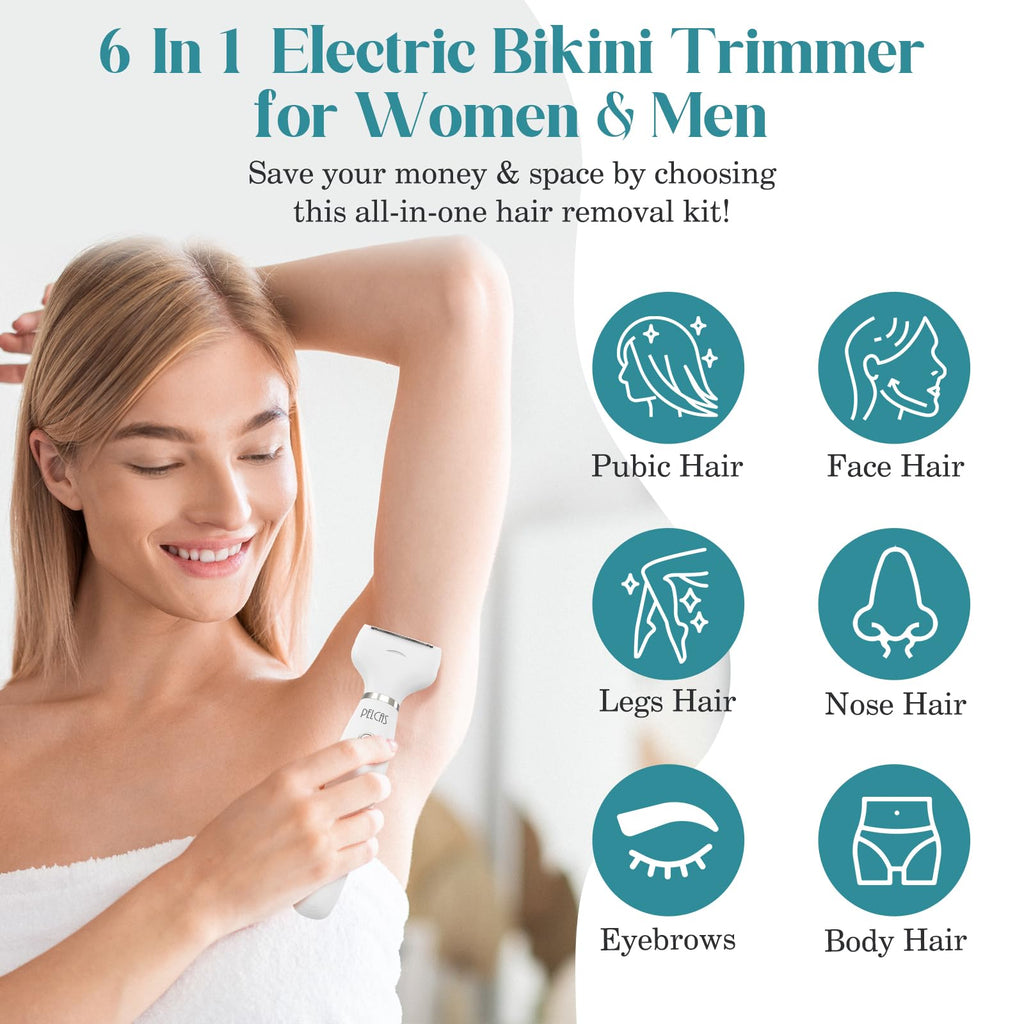 PELCAS Bikini Trimmer for Women Kit, 6 in 1 Waterproof Wet Electric Shaver