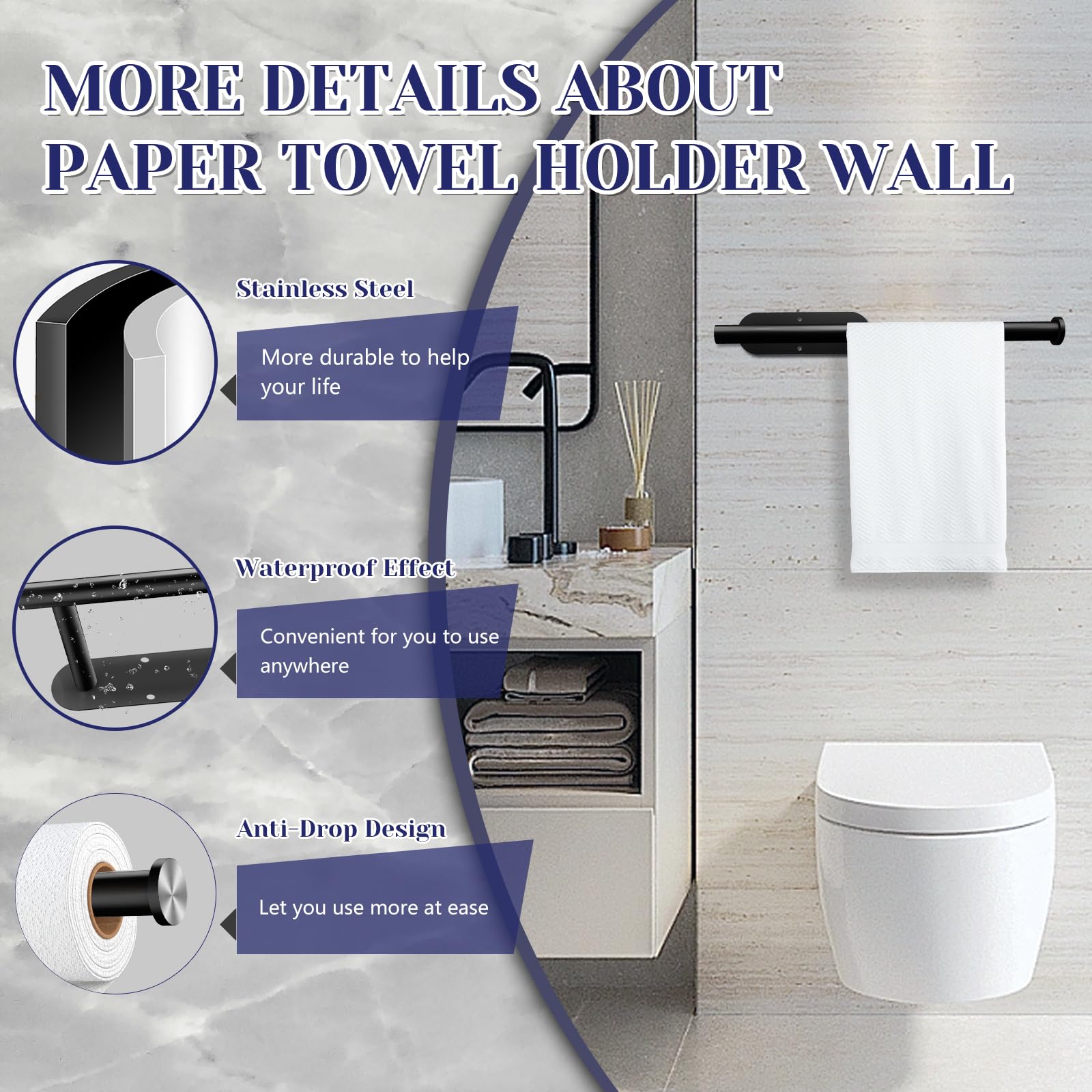 Paper Towel Holder, Self Adhesive or Drilling Paper Towel Holder Under Cabinet, Stainless Steel Black Paper Towel Holders Wall Mount for Kitchen, Bathroom, Sink, Pantry, Fridge