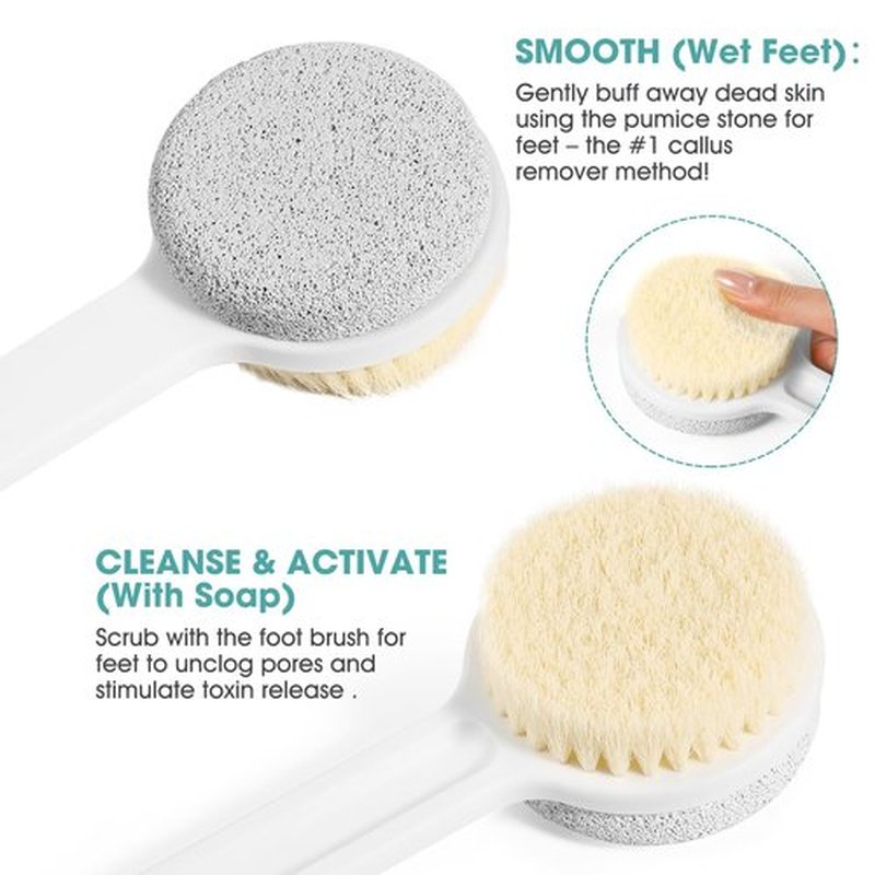 Callus Remover for Feet & Foot Scrubber - Upgraded Dual Sided Pedicure Tools for feet with Natural Pumice Stone and Nylon Brush, Foot Brush for Dead Skin Care, 14.2"x1.8", Hanging Hole Design (White)