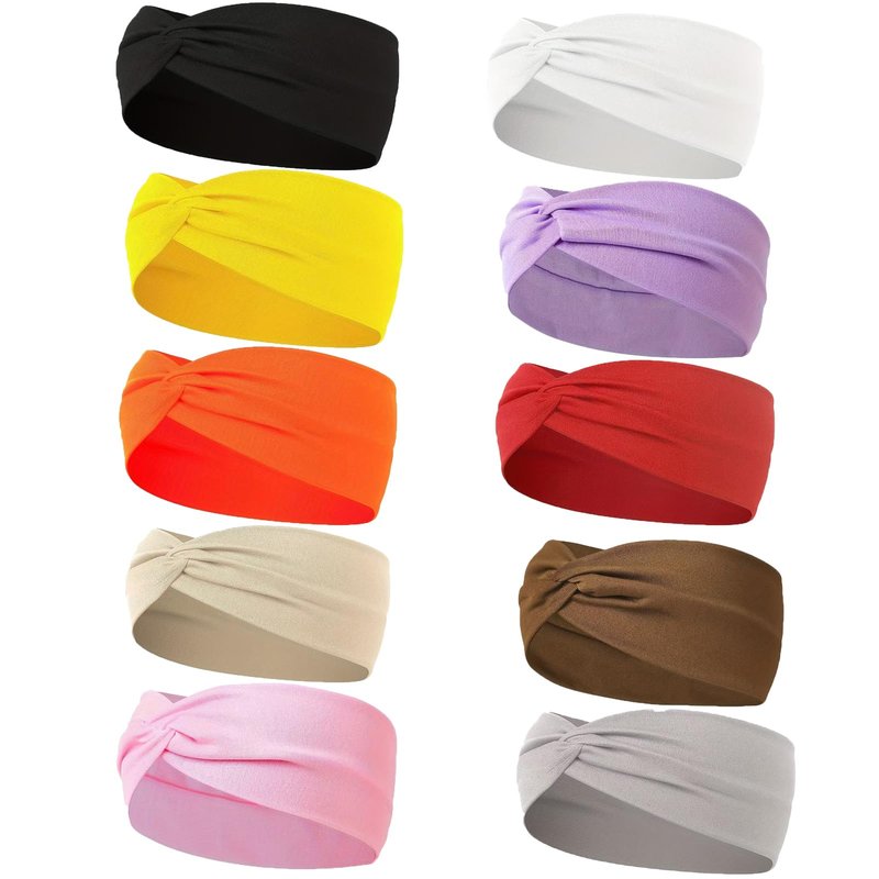 Zilotusnte 10 Pcs Wide Absorbent Sport Headbands for Women, Non-slip, Stretchy, Soft Cotton Twist Knotted Hair Bands for Daily Workout Yoga Running Sports