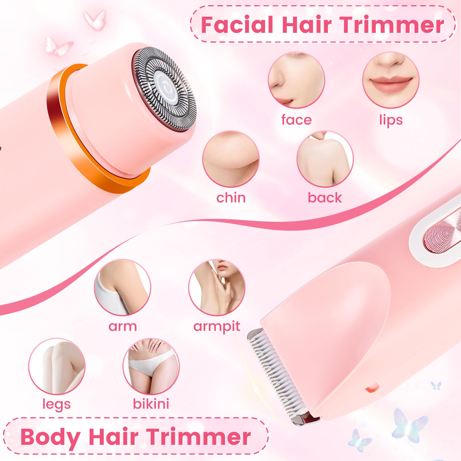 2 in 1 Bikini Trimmer for Women, Dual Head Electric Shaver, IPX7 Waterproof Wet & Dry Ceramic Blade Razors for Pubic Hair, Bikini Line, Legs, Underarms, Face, USB-C Rechargeable, Self-Care Gift, Pink