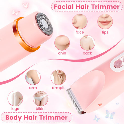 2 in 1 Bikini Trimmer for Women, Dual Head Electric Shaver, IPX7 Waterproof Wet & Dry Ceramic Blade Razors for Pubic Hair, Bikini Line, Legs, Underarms, Face, USB-C Rechargeable, Self-Care Gift, Pink