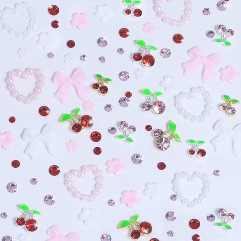 HNUIX 3D Nail Charms - Multiple Shape, Shiny Gems,Pink & Red & White, Flowers, Resin Bows Heart, Flat Back Cherry Nail Rhinestones, for Nail Art, DIY Manicure Decor