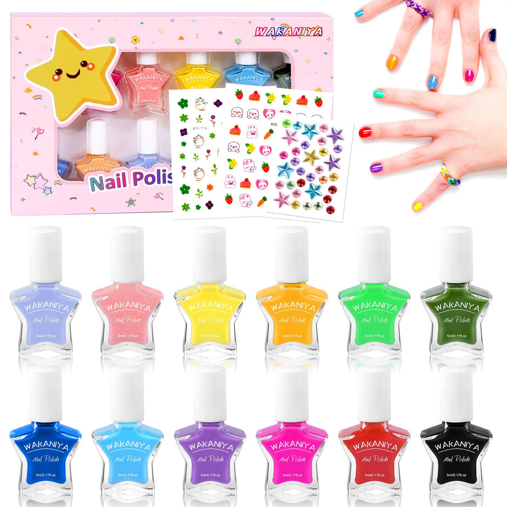 wakaniya Kids Nail Polish Set for Girls, Non Toxic Low Odor Water Base Nail Polish with Stickers, 12 Rainbow Colors Quick Drying Peel off Nail Varnish Kit for Kids Toddlers 3+