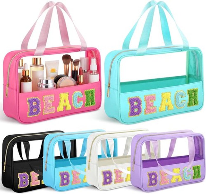 Hillban Clear Beach Makeup Bags - 6 Pcs Waterproof Travel Toiletry Bags with Handle | Large PVC Nylon Cosmetic Set for Summer Vacation