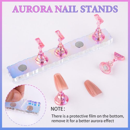 Nail Stand Acrylic Nail Art Display Stand Magnetic Nail Tips Practice Holder 54 Pcs Reusable Adhesive Putty for DIY Painting Nails Stand kit (Aurora Pink A)