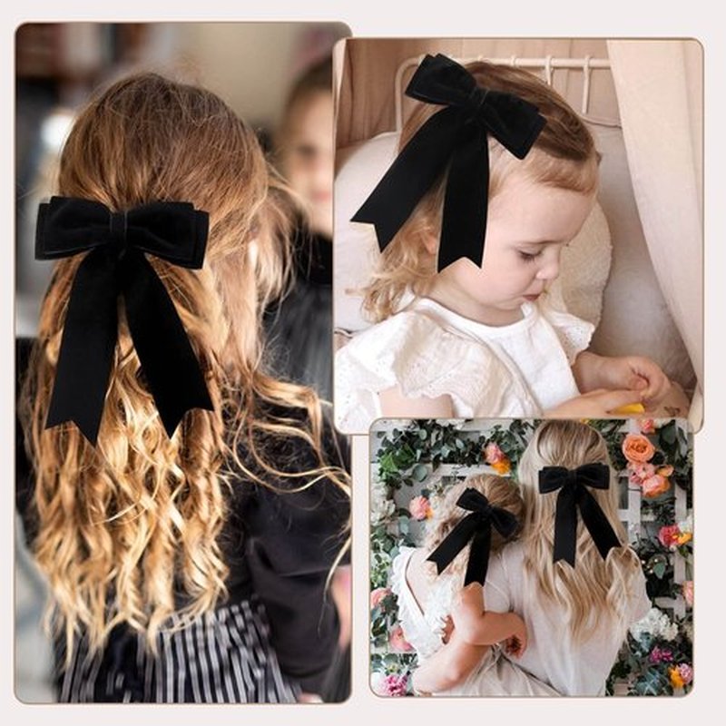 NCMAMA 4PCS Velvet Hair Bows for Girls, Black Hair Bow Clips Ponytail Long Ribbon Bows Hair Accessories for Women Girls Toddlers Infant (Black)