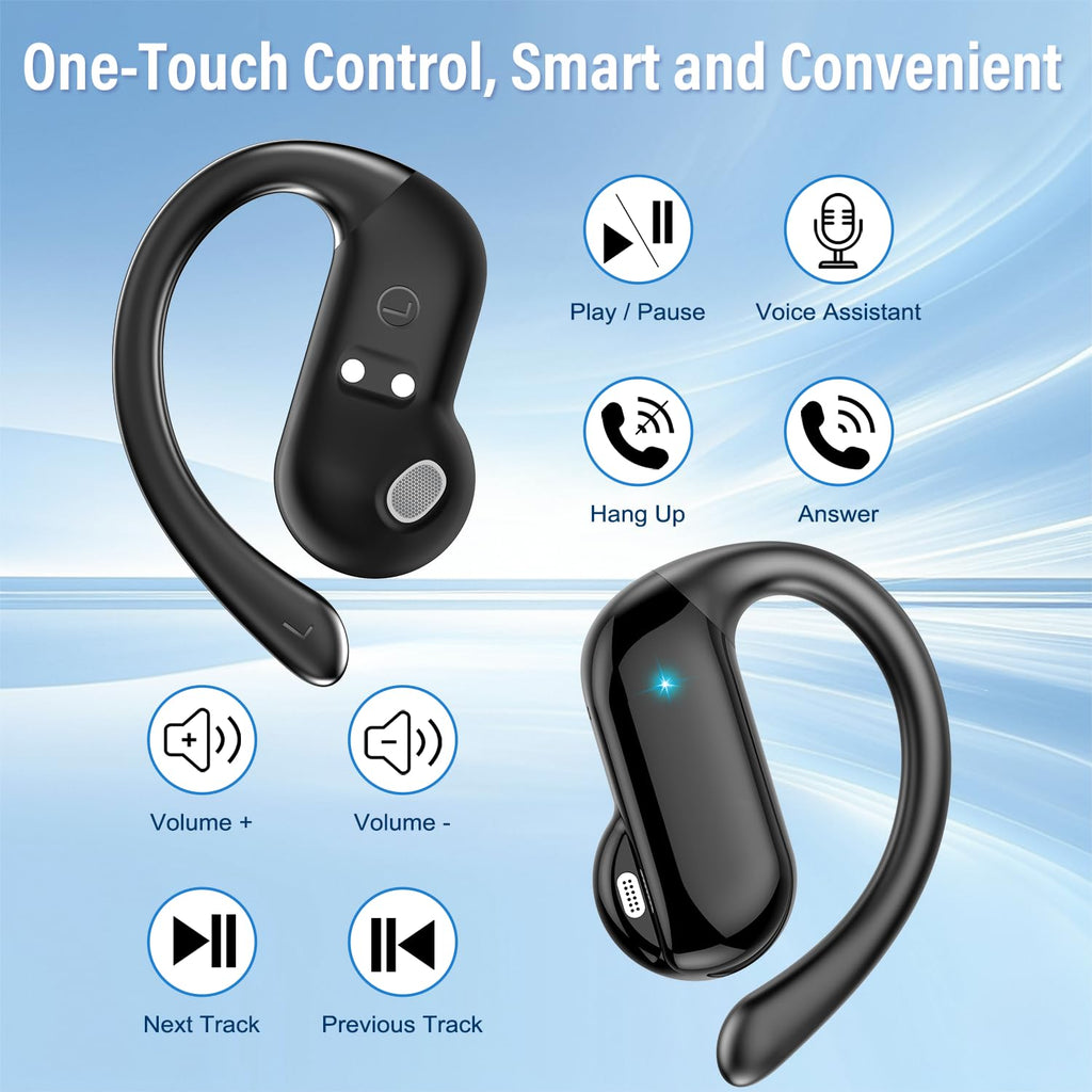 Open Ear Earbuds, Bluetooth 5.4 Wireless Earbuds with Ear Hooks, 32H HiFi Stereo Open Ear Headphones with Clear Calls, IPX7 Lightweight Air Conduction Headphones for Workouts and Running, Black