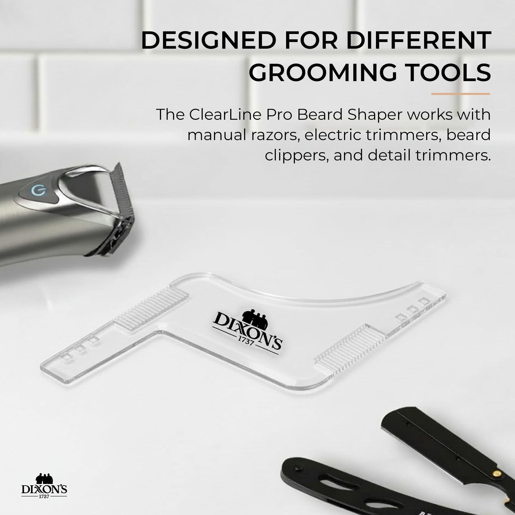 Dixon's 1737 Clear Line Pro Beard Shaper for Men – Transparent Beard Line Up Tool with Comb Edges, Beard Template for Cheek Line, Neckline and Jawline Trimming