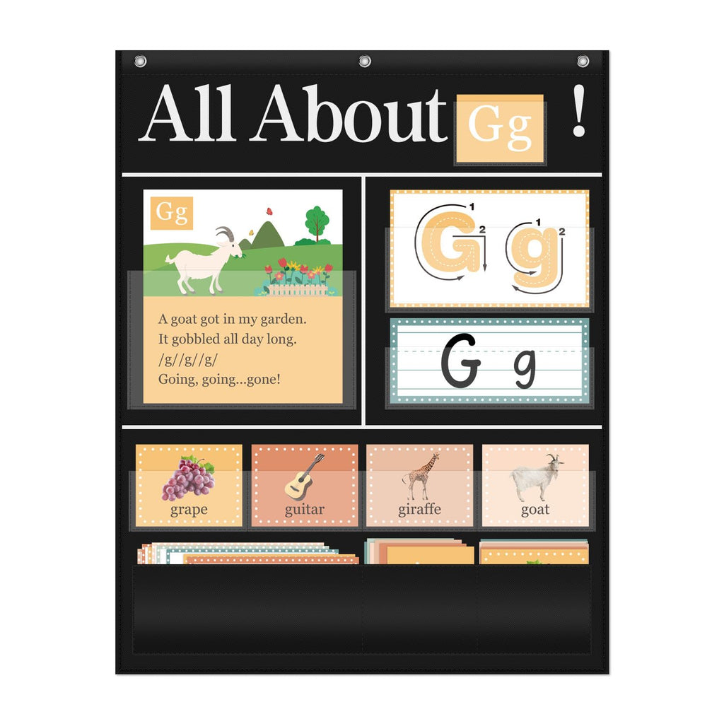 BOHEMIABY All About Letters Pocket Chart with ABC Flash Cards, 34" X 27", Letter of The Day/Week Daypocket Chart, Letter Tracing Learning Educational Wall Chart Preschool Classroom Homes, Black