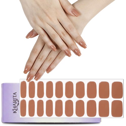 KHARITA Semi Cured Gel Nail Strips – Real Gel Nail Polish Wraps for Brittle Nails | Waterproof Long Lasting Easy Peel-Off Removal | Hema-Free | 20-Piece Warm Brown Salon Kit with File & Stick
