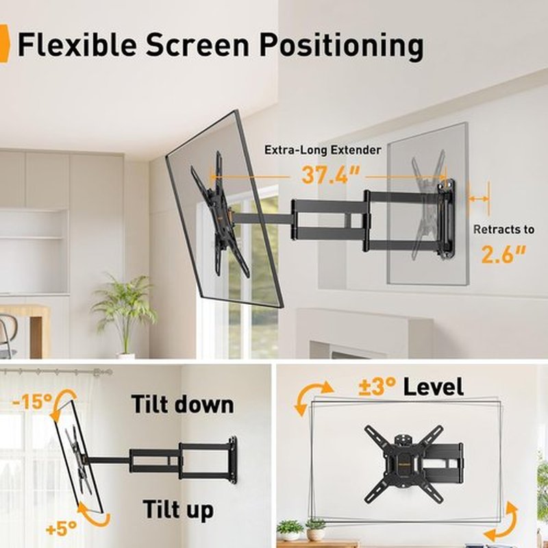 Perlegear Long Arm TV Wall Mount - Full Motion Bracket for 32-65" TVs | 37.4" Extension, Max VESA 400x400mm, Swivel & Tilt, Supports Up to 110 lbs