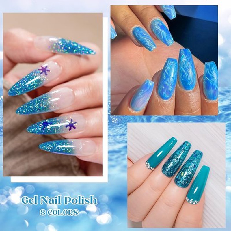 8PCS Gel Nail Polish Set Royal Sky Blue Navy, Reflective Glitter Cat Eye Color Changing Moonlight Magnetic Thermal Rubber Base Coat Glaze Builder Meteorite Sequins Glitter Thermal Manicure for Women