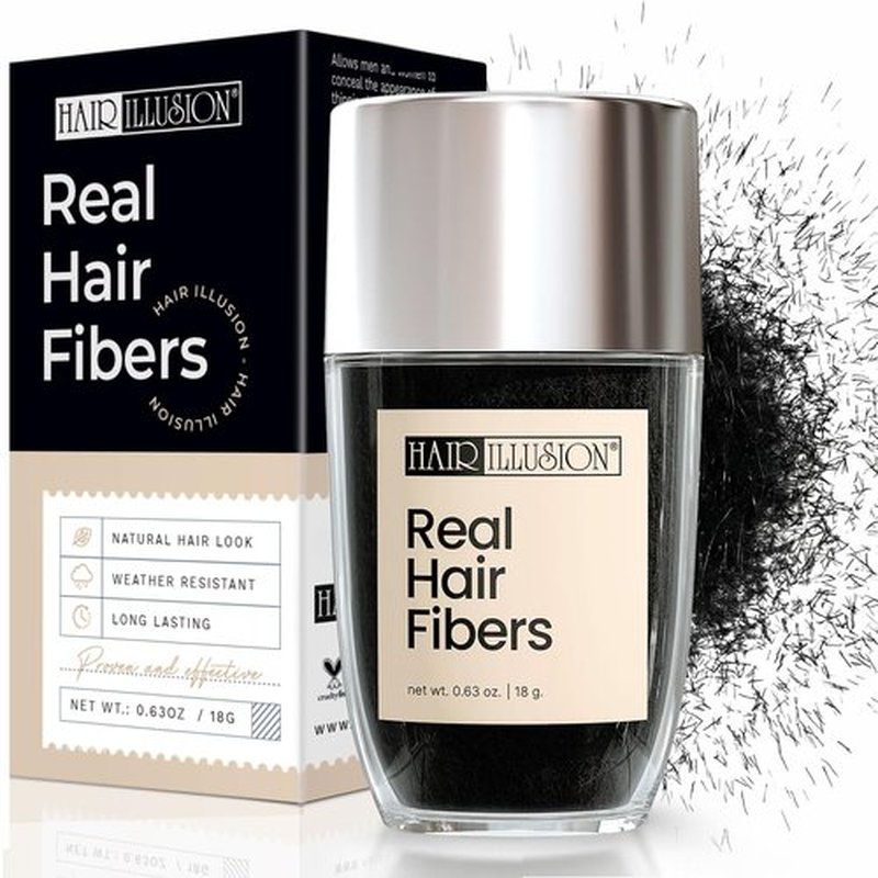 Hair Illusion | Black Real Fibers and Holding Spray for Thinning Hair - Natural Texture, 18g