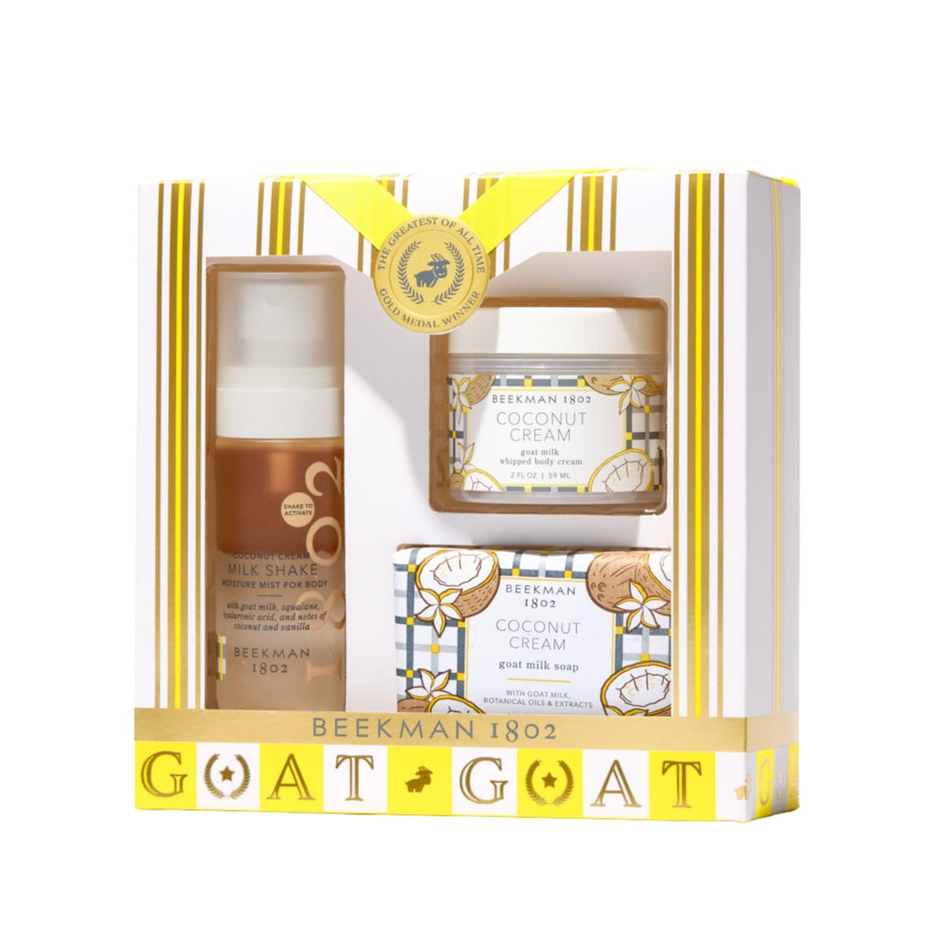 Beekman 1802 Coconut Cream 3-Piece Body Care Set – Goat Milk Skincare Gift Set with Bar Soap, Whipped Body Cream & Hydrating Body Mist – Travel Size Body Care Kit