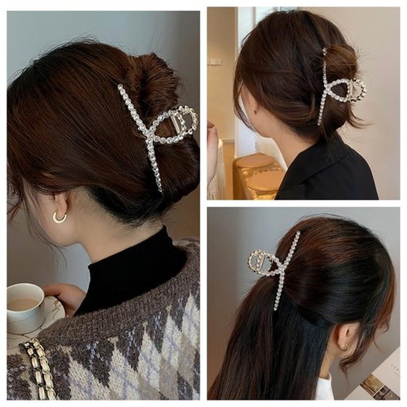 Rhinestone Hair Claw Clips, Textention Large Size Imitation Pearl Claw Jaw Clips for Women Thick Thin Hair Elegant Crystal Clasps Clamps Accessories Headwear Styling Tools for Party Wedding (2 Pack)