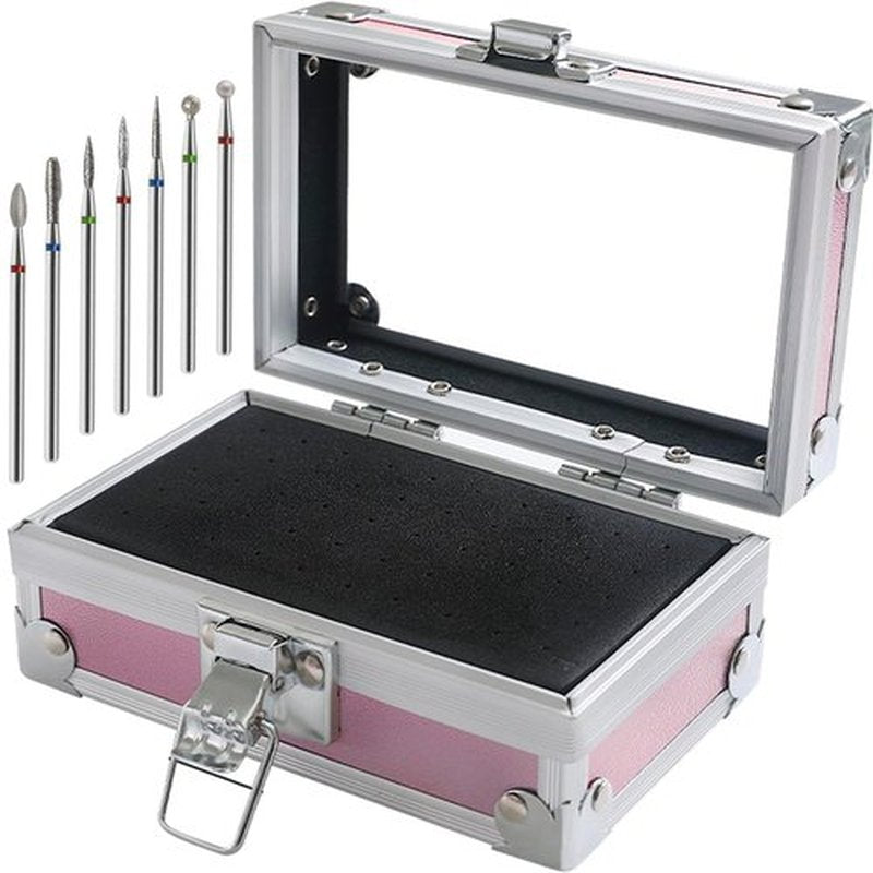 OLizee® 50 Holes Nail Drill Bits Holder with 7 Drill Bits Metal Nail Drill Tool Box Pink Nail Drill Bits Case Nail Drill Bits Organizer for Women Girls