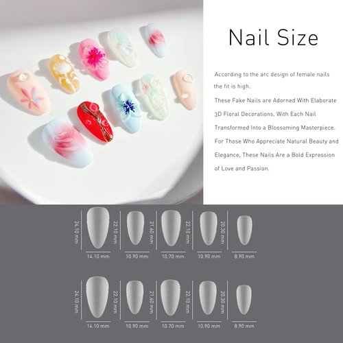 Press on Nails Handmade Almond Medium 3D Flower Design Reusable Fake Nail for Women's 10pcs (Mermaid Summer, L)