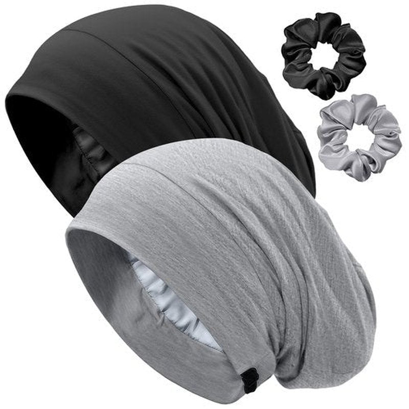 Satin Lined Bonnet for Sleeping Women Men - Adjustable Sleep Cap, Slouchy Beanie Hair Wrap for Curly Braid Locs, M Black,Gray