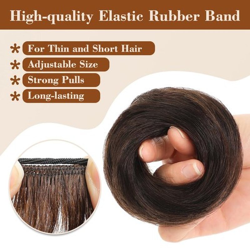 2Pcs Messy Bun Hair Piece 100% Real Human Hair Bun Scrunchies Natural Tousled Stretchy Fluffy Donut Updo Ponytail Extensions with Elastic Rubber Band Fake Bun Hair for Women,Dark Brown