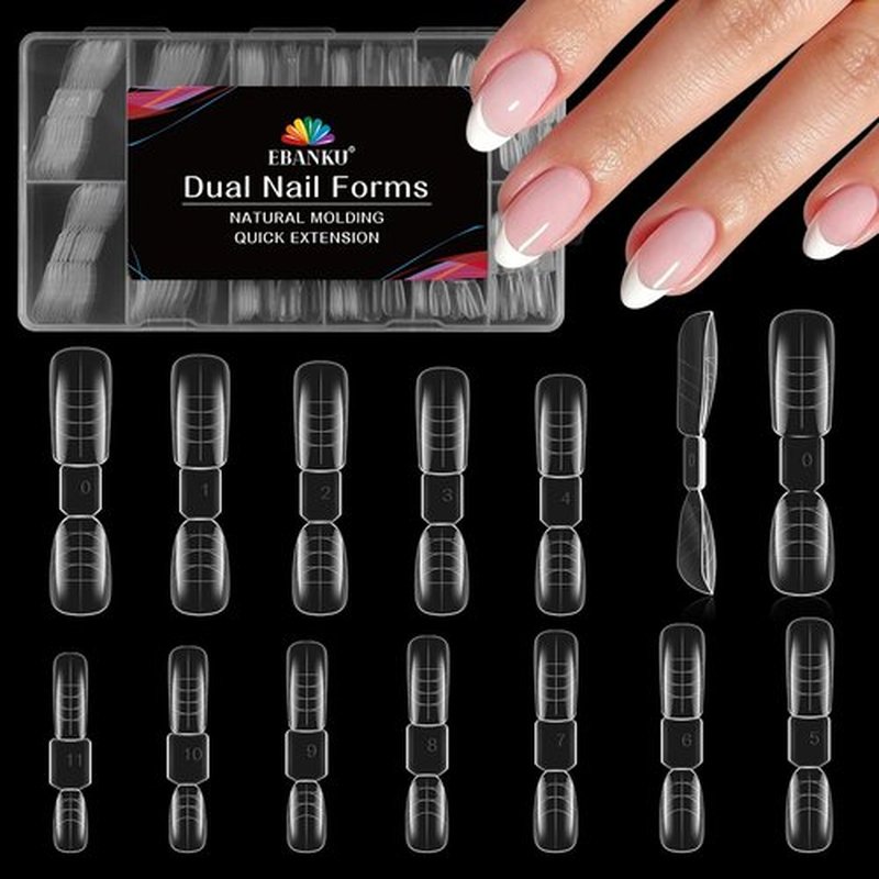 EBANKU 120pcs Dual Nail Forms for Poly Extension Gel, 2 In 1 Reusable Nail Molds, 12 Sizes, Almond & Square, Clear, Glossy Finish