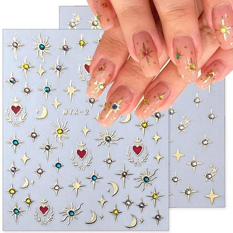 Shiny Moon Star Nail Stickers - 3D Glitter Crystal Nail Decals, Gold & Silver Nail Art Stickers, Self-Adhesive Luxury Rhinestones, Stars & Charms for DIY Nail Supplies