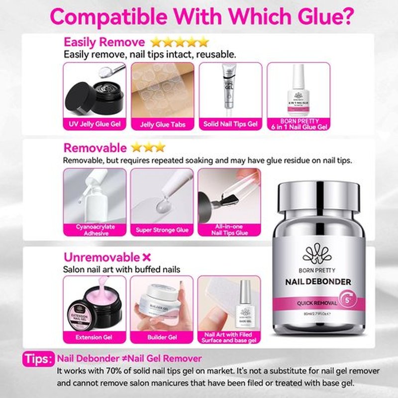 BORN PRETTY 80ML Nail Glue Remover for Press on Nails, 5s Quick Remover Fake Nails with Cuticle Pusher, Easy Remover for Acrylic Tips Nail Glue Fast Acting Adhesive Debonder Acetone-Free