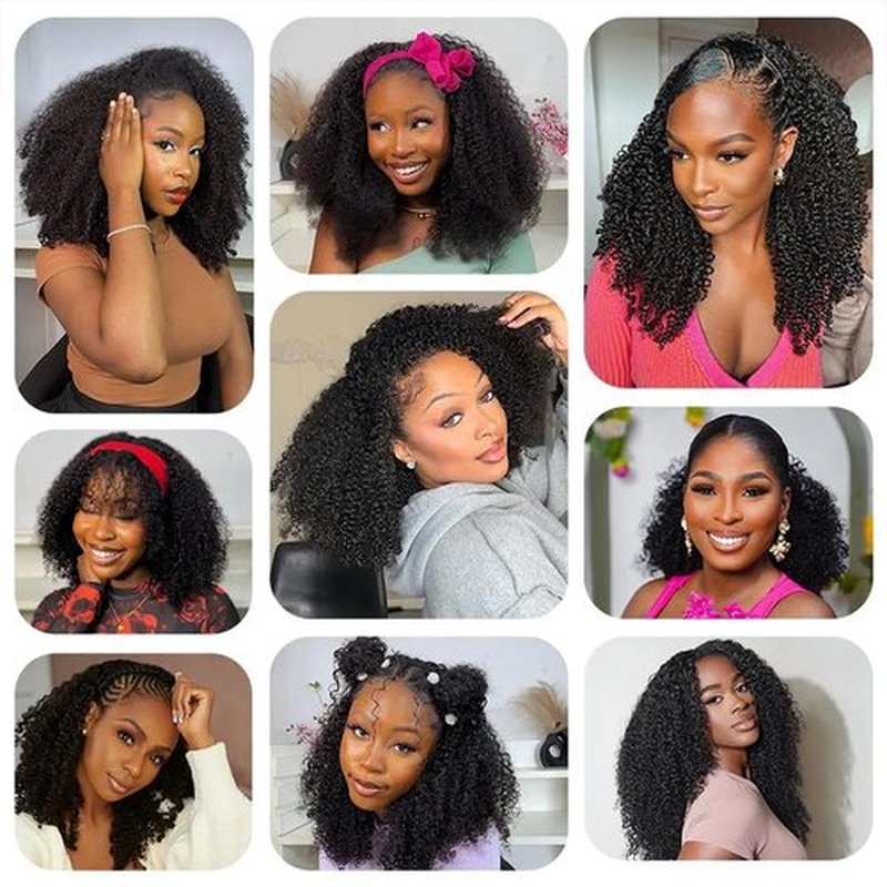 Fuduete 16 Inch Curly Half Wig Human Hair 200% Density Glueless Wigs Upgrade 3 IN 1 Half Wig With Drawstring Seamless Clip Ins Flip Over Kinky Curly Human Hair No Glue No Lace For Women
