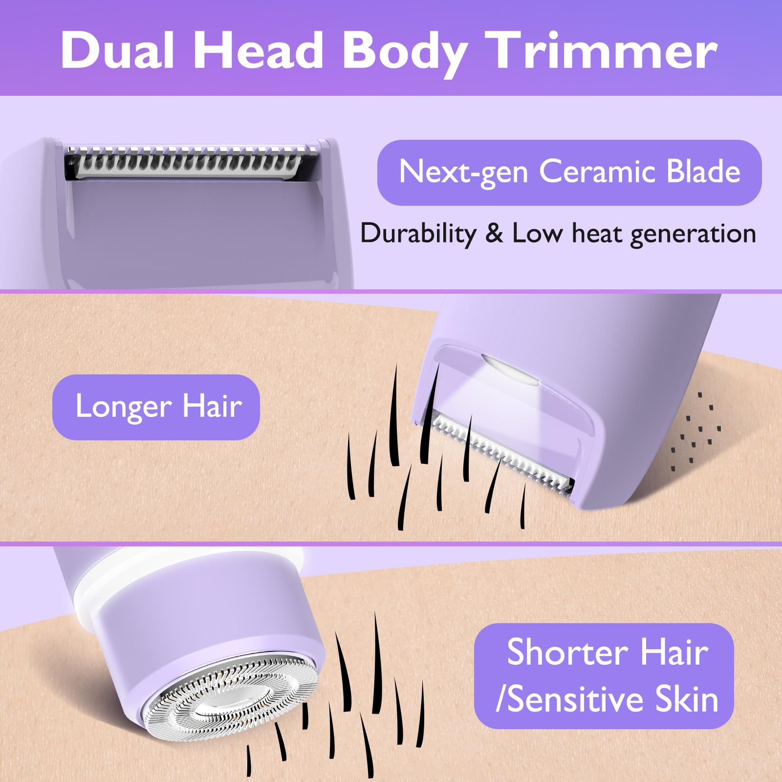 Bikini Trimmer for Women, Dual Head Electric Razors, Pubic Hair Trimmer with IPX7 Waterproof & Easy Cleaning, Rechargeable Painless Silk Glide Pro Shaver for Underarm Leg Arm Body Face, Purple