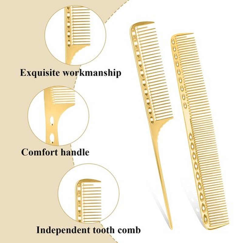 Professional Barber Aluminum Comb Set Metal Combs for Cutting Comb Hair Hairdressing Tail Comb (Golden)
