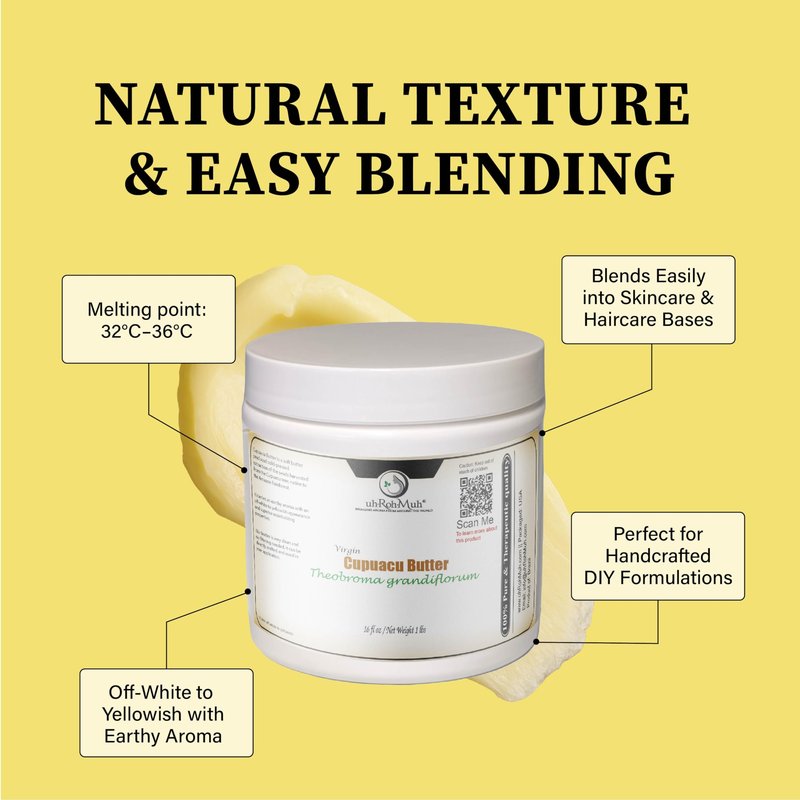 uh*Roh*Muh Virgin Cupuacu Butter Unrefined Ultra Moisturizing Nourishing Natural Butter for Skin and Hair Products and Skincare Formulations Cold Pressed Seeds Extraction Brazil Net wt: 0.45kg / 1 lb