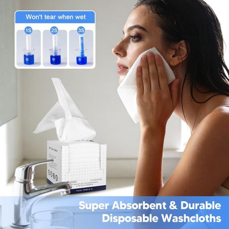 Disposable Face Towels, 50 Count Ultra Soft Biodegradable Facial Cleansing Cloths, Lint-Free Makeup Remover Cloth in Paper Box