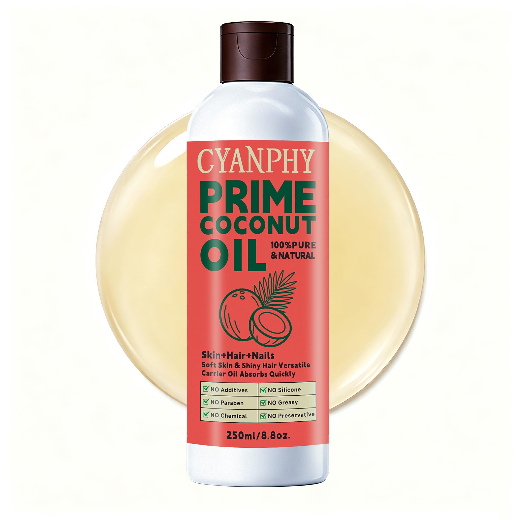 CYANPHY Natural & Organic Coconut Oil for Face, Body, Nail & Hair Care, Ultra-Hydrating Body Massage Essential Oil Moisturizes and Nourishes, Vegan & Cruelty Free, Hexane Free Carrier Oil 8.8OZ
