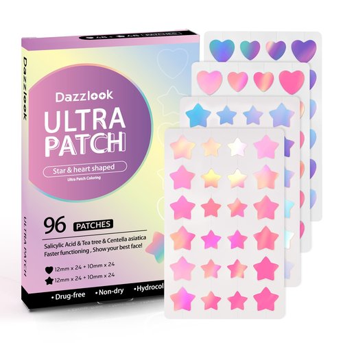 Dazzlook Star Pimple Patch with Salicylic Acid Tea Tree Oil & Centella Asiatica, Hydrocolloid Pimple Stickers Iridescent Colors 96 Pcs 2 Sizes, Cute Star Heart Shaped Zits Blemishes Breakouts Patches