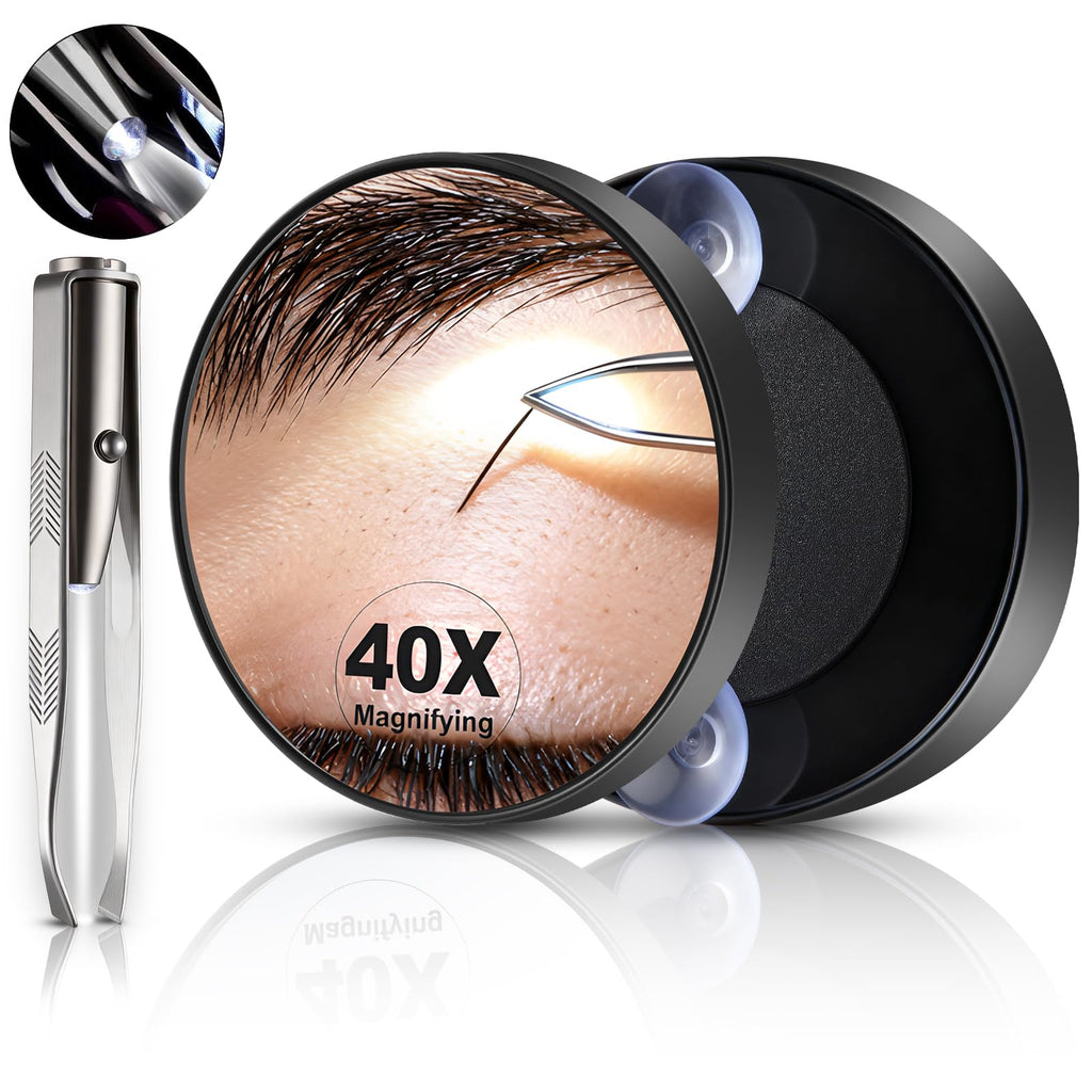 Ceoighe LED Lighted Tweezers & 40X Magnifying Mirror with Suction Cup Set, 2 in 1 Hands-Free Makeup Mirror with Light and Precision Light Up Tweezers