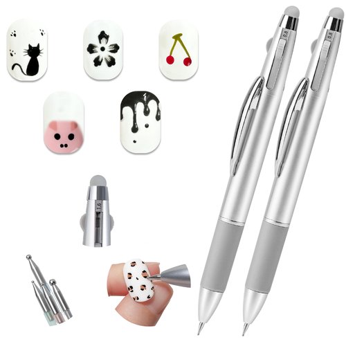 Nail Dotting Pen 5 in 1 2 PACK, Ballpoint Pen Design Nail Dotting Tool for Manicure Art Painting with 4 Size Marking and Pressing Head, For Nail Art Painting, Rhinestones DIY and Salon (2 PACK)