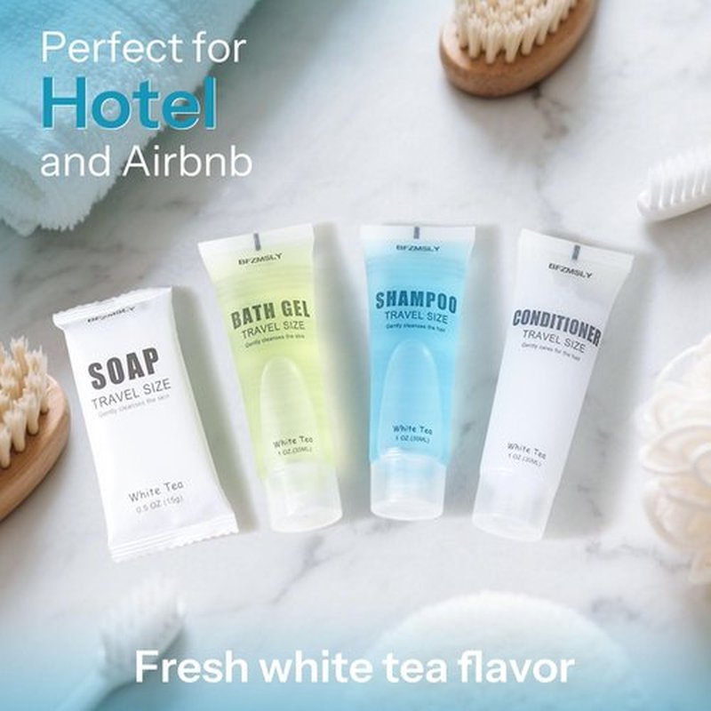 10 Sets Hotel Toiletries Set Bulk, 40 Pcs Travel Mini Bundle Amenities with Shampoo, Conditioner, Body Wash & Bar Soap - White Tea Scent - Guest Supplies for Airbnb, Motel, Hospitality