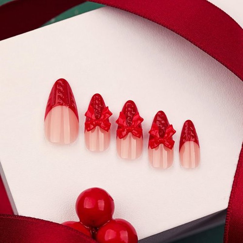 Press on Nails Long Almond MABKJLF Red French Tip Fake Nails False Nails with Designs Bow Charm Solid Colour Glossy Glue on Nails Stick on Nails Acrylic Nails for Women Girls 24 Pcs