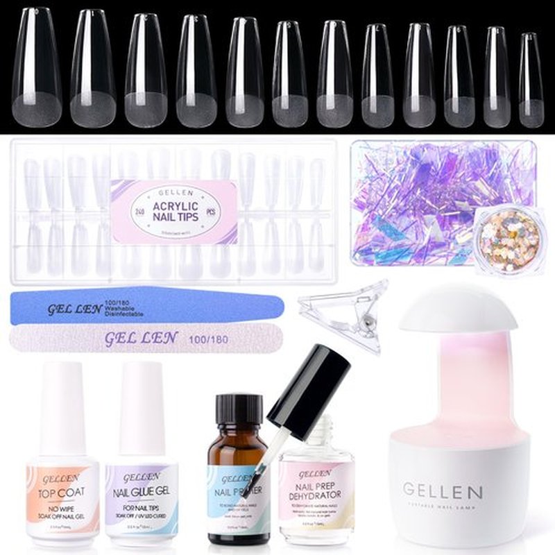 Gellen Gel X Nail Tips and Glue Kit - 240PCS Coffin Tips, 3-in-1 Glue, Portable LED Lamp, Primer, Dehydrator - DIY Nail Art Home Extension Kit