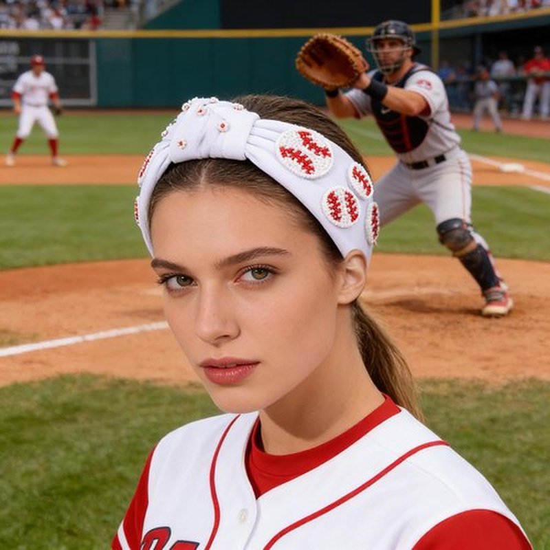Sport Baseball Beaded White Headband for Women Teacher Beaded Baseball Charm Jeweled Embellished Hairband Fashion Elegant Ladies Wide Top Knot Headband for Game Day Jewelry Hair Accessories Gifts