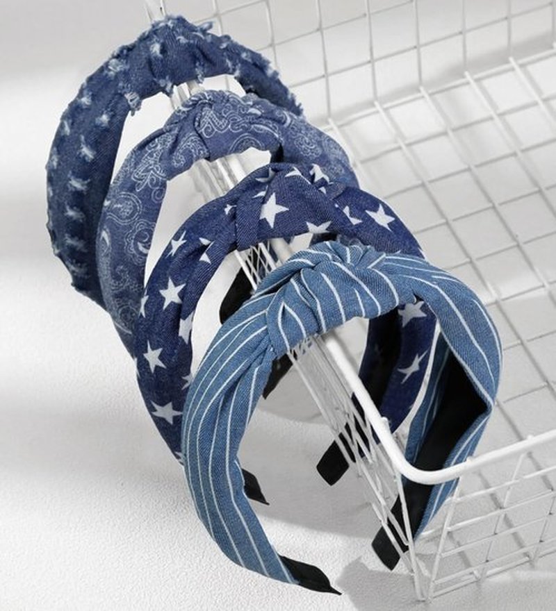 Huachi 4 Packs Denim Blue Knotted Headbands for Women Girls Womens Hairbands Fashion Star Independence Day Hair Accessories Cute Stripe Floral Printed Head Bands for Women’s Hair Non Slip