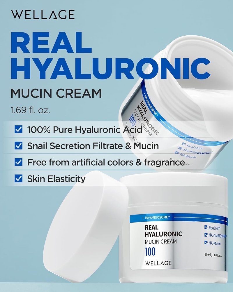 WELLAGE Real Hyaluronic Mucin Cream - Ultimate Hydration Face Gel Moisturizer - Pure Hyaluronic Acid & Snail Mucin, 1.69oz