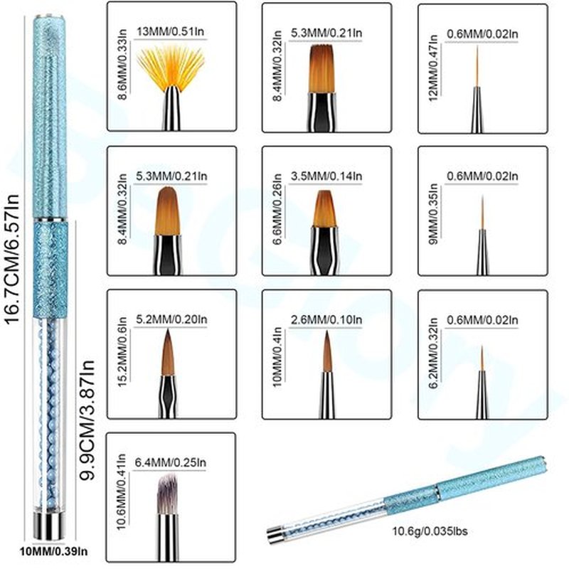 10PCS Acrylic Nail Art Brushes Set Manicure Tools Nail Art DIY Design Brush for Acrylic Application Pedicure Round Nail Art Brush for Acrylic Powder Nail Extension Nail Professional